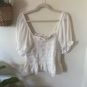 Express White Smocked Blouse with Puff Sleeves